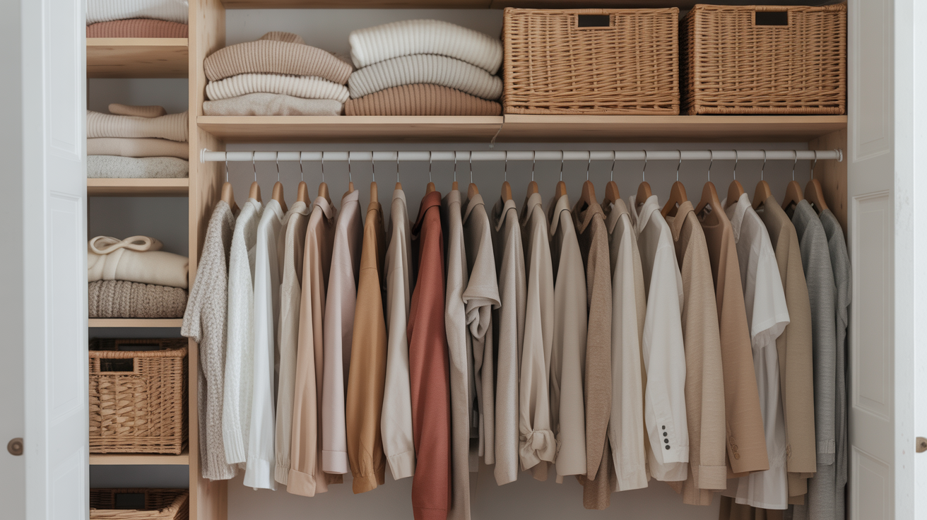 Armario minimalista perfectamente organizado con ropa colgada por colores y jerseys doblados en estantes — organización KonMari