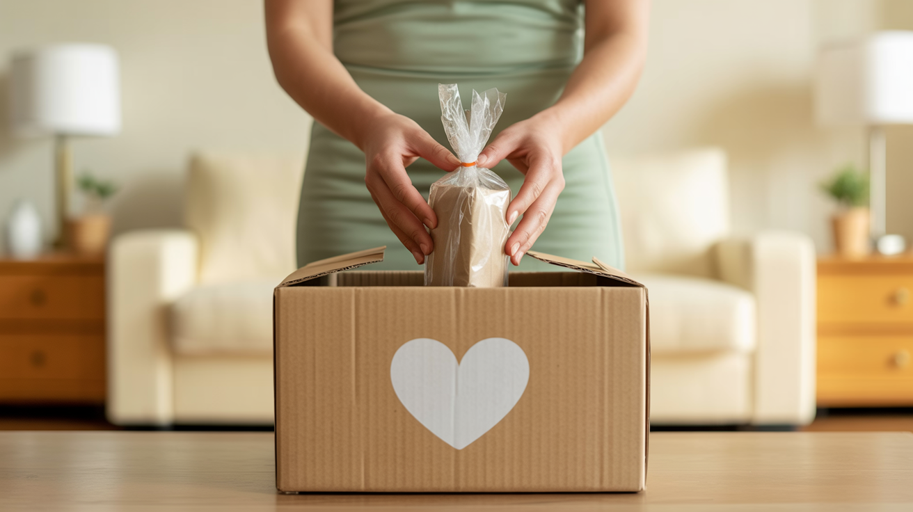 Manos colocando un paquete envuelto con cuidado en una caja de donación decorada con un corazón — acto de soltar con amor