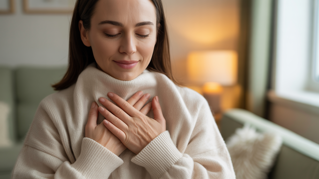 Mujer sosteniendo una prenda suave contra su pecho con expresión serena — el momento tokimeki del método KonMari