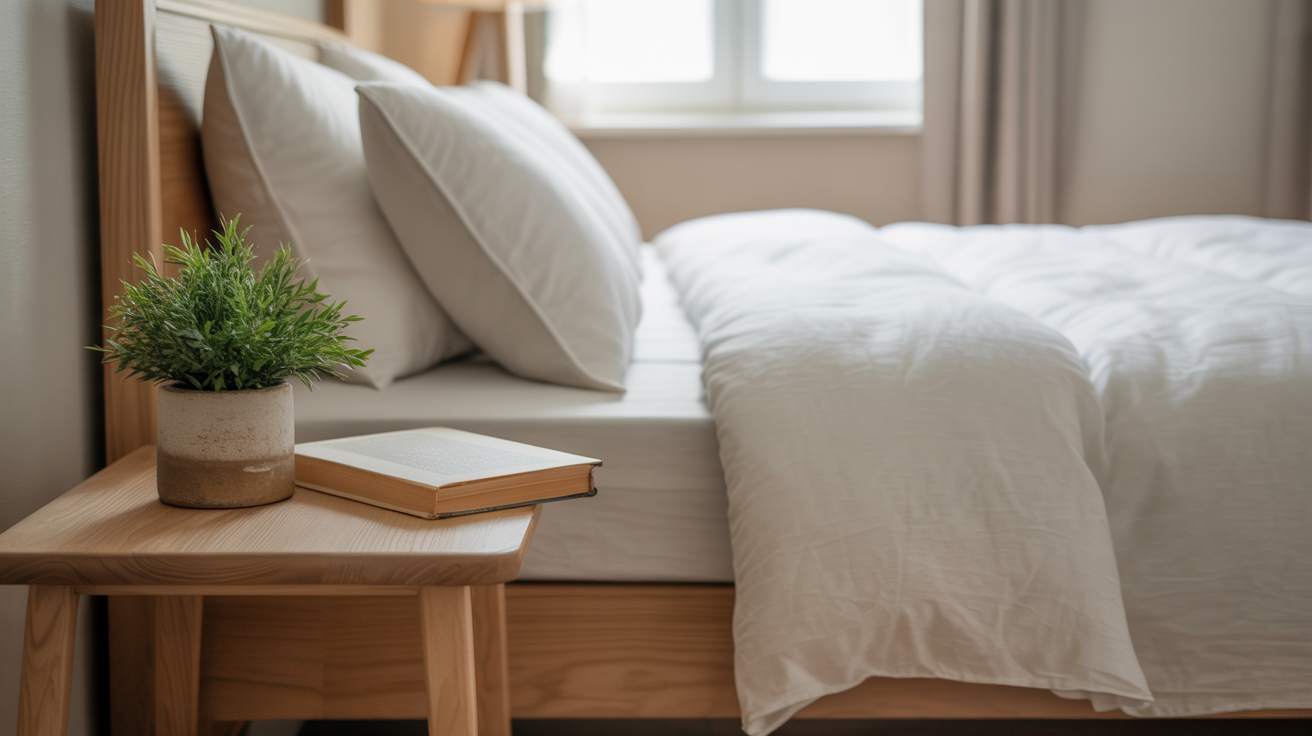 Dormitorio minimalista acogedor con cama de sábanas blancas, mesilla con planta y libro — resultado de un hogar ordenado